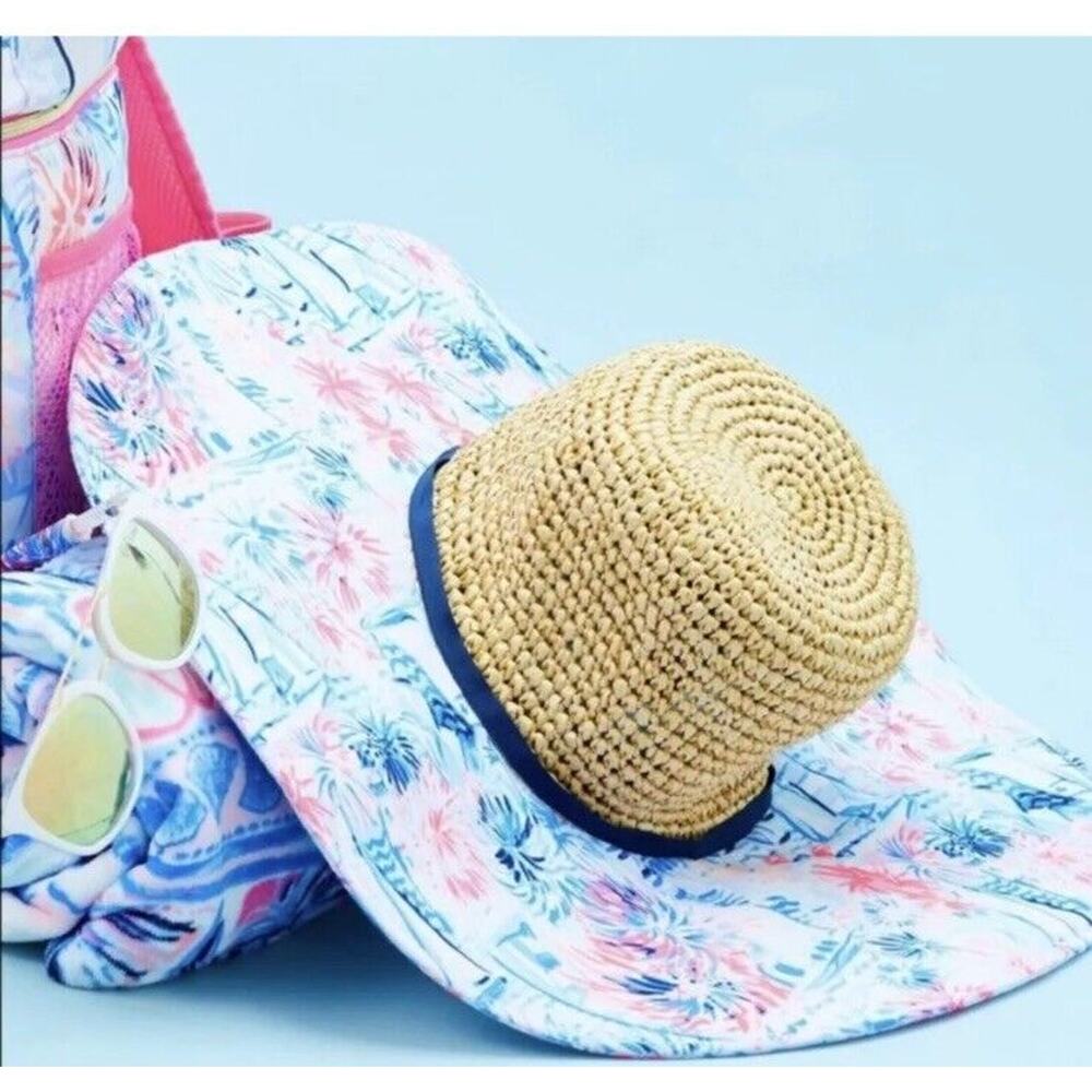 Lilly Pulitzer Floppy Hat Sea To Shining Sea Straw Fabric Beach Pool Sun Pink